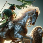 یک تصویر بساز از یک سوارکار عرب در دوران قدیم با لباس و پرچمی سبز ، چهره اش نورانی است و اسبی سفید دارد و در کنار اسبش یک شیردر حال دویدن است