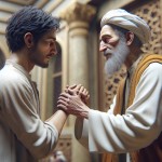 یک مرد ایرانی با پیراهن سفید در حال تشکر از یک پیر مرد با پیراهن قهوه ای است
