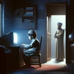 یک کودک ایرانی در حال بازی با کامپیوتر در گوشه یک اتاق تاریک و تنها است که پدر او از میان در اتاق در حال نگاه کردن به او است