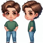 یه عکس قدی (از بغل) از یه پسربچه با چشای عسلی و صورت تپل و موهای چتری فرفری خرمایی و شلوار جین آبی و پیرهن سبز  که بدنش یه ذره به سمت راست تصویره و داره اون سمت نگاه می‌کنه