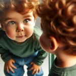 یک پسربچه به چشای عسلی و صورت تپل و موهای چتری فرفری خرمایی و شلوار جین آبی و پیرهن سبز که به خودش توی آینه نگاه می‌کنه. دوربین به طوری تنظیم شده که تصویر خودش در کنار تصویر قدی‌ش توی آینه است و انگار آینه  یک خطه در وسط قاب بین خودش و تصویرش