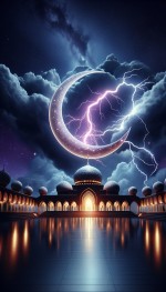 هلال ماه رو که به شکل گنبد مسجد درآمده و بالاش برق می‌زنه در پس‌زمینه‌ی شب به تصویر بکش