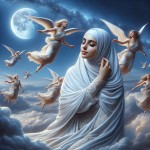 یک تصویر بساز از یک زن با حجاب سفید که درآسمان ها قرار دارد و فرشتگان نورانی در بالای سر او میچرخند