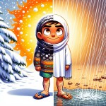 یک پسر متعجب که آب و هوای بالاتنه‌ش زمستونه. و آب و هوای پای راستش شلوارک و خشکه و آب و هوای پای چپش بارونیه