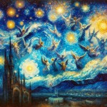"Create a vibrant, Van Gogh-style sky with swirling stars and rich blues, blending smoothly with soft golden and white tones. The scene should include ethereal angels gracefully flying through the sky, subtly illuminated by the starry background, adding a touch of divine light. The entire atmosphere should feel mystical and spiritual, with some areas slightly brighter to symbolize celestial illumination over the Mosque of the Prophet."