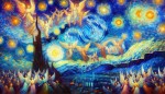 "Create a vibrant, Van Gogh-style sky with swirling stars and rich blues, blending smoothly with soft golden and white tones. The scene should include ethereal angels gracefully flying through the sky, subtly illuminated by the starry background, adding a touch of divine light. The entire atmosphere should feel mystical and spiritual, with some areas slightly brighter to symbolize celestial illumination over the Mosque of the Prophet."