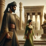 یک تاجر با لباس سبز در سر در ورودی تخت جمشید هراه با پادشاه