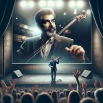 محمد رضا شجریان در حال برگزاری یک کنسرت روی استیج ایستاده و مردم در حال تشویق او هستند