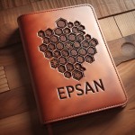 طراحی جلد دفتر چرمی با نام EPSAN و پس زمینه طوسی و کمی قرمز و طرح های شش ضلعی های کوچک مانند لانه زنبور