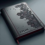 طراحی جلد دفتر چرمی با نام EPSAN و پس زمینه طوسی و یکم قرمز و طرح های لانه زنبوری شکل هم داشته باشه و شش ضلعی های کوچک ساده و شیک