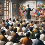 "تصویری از کلاس ادبیات با معلمی الهام‌بخش که در حال تدریس شاهنامه فردوسی است. تصاویری از فردوسی و شخصیت‌های حماسی در کلاس وجود دارد و دانش‌آموزان با اشتیاق گوش می‌دهند."