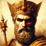 عکس داریوش بزرگ چهارمین پادشاه هخامنشی که با خشم به دوربین نگاه میکنه و تاجی از طلا که روی سرش قرار دارد و عصایی از طلا که در دستش