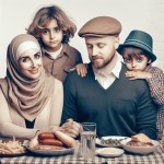 یک زن با حجاب با یک شوهر با کلاه و دو تا بچه کوچیک با حال خیلی بد و مریض و افسرده  کنارهم دور یک سفره غذا