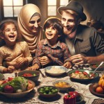 یک زن با حجاب با یک شوهر با کلاه و دو تا بچه کوچیک با حال بد کنارهم دور یک سفره غذا