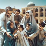 یک زن و شوهر ایرانی محجبه با ۴ فرزند در حال بازی و حال خوب