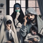 یک زن و شوهر محجبه ایرانی پر از استرس با دو فرزند کوچک در خانه که فرزندان در بستر بیماری هستند