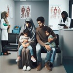 یک زن با حجاب و شوهر با دو تا بچه کوچک در مطب دکتر که ناراحت هستند