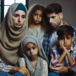 یک زن با حجاب و با شوهر و دو تا بچه که غمگین و افسرده هستند