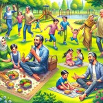 یک خانواده پرجمعیت ایرانی شاد که در حال بازی کردن در پارک هستند