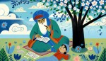 یک شاعر ایرانی  40 ساله که نشسته زیر درختی پرشکوفه، در حال نوشتن است و دختر بچه ای سرش را روی پای او گذاشته و دراز کشیده و به آسمان نگاه می کند