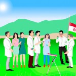 تولید تصویر دندانپزشک آقا در طبیعت ایستاده و ب گروهی از مردم ک جلوش نشستن آموزش مسواک زدن میده .لباسای مردم ب رنگ پرچم ایران باشد