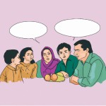 لطفا یک عکس طراحی کن که در آن یک خانواده ایرانی در حال گفت و گو با هم هستند و فرزندان صحبت می کنند و پدر و مادر هم ساکت هستند و گوش می دهند.