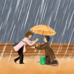 یک دوست در حال کمک به دوستش وقتی داره بارون میاد