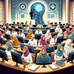 یک پوستر طراحی کن که کاربردهوش مصنوعی در مدرسه و لزوم استفاده از آن القا کند. دانش آموزان پسر و دختر در حال استفاده از رایانه و هوش مصنوعی باشند. تمام دخترها با حجاب اسلامی در تصویر باشند. انقلاب بزرگ هوش مصنوعی در تصیر القا نماید.