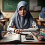 یک دختر مسلمان دانش آموز نگران پشت میز کلاس درسی