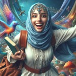 یه دختر  محجبه خوشحال که دستش کتاب و روی کتفش کوله پشتی انداخته و داره می پره هوا