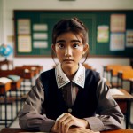 یک دختر دانش آموز نگران پشت میز کلاس درسی