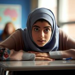 یک دختر مسلمان دانش آموز مضطرب پشت میز کلاس درسی
