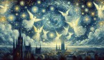 "Create a vibrant, Van Gogh-style sky with swirling stars and rich blues, blending smoothly with soft golden and white tones. The scene should include ethereal angels gracefully flying through the sky, subtly illuminated by the starry background, adding a touch of divine light. The entire atmosphere should feel mystical and spiritual, with some areas slightly brighter to symbolize celestial illumination over the Mosque of the Prophet."
