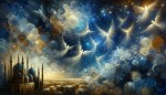 "Create a vibrant, Van Gogh-style sky with swirling stars and rich blues, blending smoothly with soft golden and white tones. The scene should include ethereal angels gracefully flying through the sky, subtly illuminated by the starry background, adding a touch of divine light. The entire atmosphere should feel mystical and spiritual, with some areas slightly brighter to symbolize celestial illumination over the Mosque of the Prophet."
