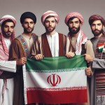مردان ایرانی که با لباس محلی اقوام مختلف باشن و پرچم ایران در دستشان - اقوام مازندرانی ، ترکی ، عرب ، کرد ، بلوچ ، لر