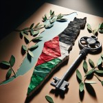 نقشه کشور فلسطین که با ملیله کاغذی درست شده و از رنگای پرچم فلسطین استفاده شده اطرافش با زیتون و کلید پر شده