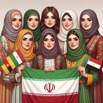 بانوان ایرانی با حجاب که با لباس محلی اقوام مختلف باشن و پرچم ایران در دستشان - اقوام مازندرانی ، ترکی ، عرب ، کرد ، بلوچ ، لر