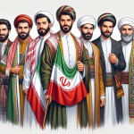 مردان ایرانی با حجاب که با لباس محلی اقوام مختلف باشن و پرچم ایران در دستشان - اقوام مازندرانی ، ترکی ، عرب ، کرد ، بلوچ ، لر