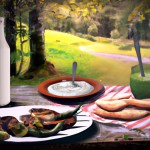 بادمجان سرخ شده در کنار گوجه سرخ شده روی میز ، یک کاسه ماست ، نان بربری و نوشابه زمزم ایرانی با رنگ سبز در یک بطری شیشه ای نوستالژیک در یک منظره جنگلی