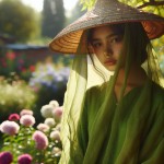 یک دختر با حجاب با پیراهن سبز تو باغ آفتاب گردون با کلاه حصیری