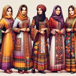 تعدادی بانوی ایرانی با حجاب از اقوام مختلف که هر کدام لباس محلی و زیبای خود را به تن دارند