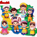 بچه های ایرانی با لباس اقوام کرد ، لر ، بلوچ ، عرب ، جنوب ، ترک ، لک ، گیلانی با لبخند و شادی در نقشه ایران