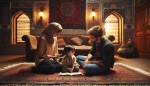 تصویر یک پدر و مادر ایرانی که دارند فرزند خود درس یاد می دهند در محیط خانه
