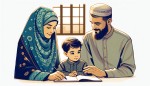 تصویر یک پدر مادر ایرانی با حجاب  که  دارند به فرزند خود آموزش می دهند