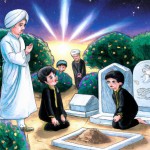 بچگی امام زمان با چهره ای دارای هاله ی نور، بر سر قبر پدرشان با یارانشون که به اقامه نماز ایستادند