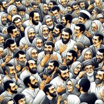 چند زن و مرد ایرانی مرد ها با لباس پیراهن سفید یا مشکی زن ها با چادر  با هم بحث و گفتگو می کنند