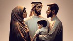 تصویر یک پدر و مادر وفرزند ایرانی مادر با چادر و پدر با پیراهن سفید و شلوار مشکی که با مسئله یعنی طلاق تربیت نادرست نبود سواد تربیتی رو به رو هستند