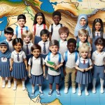 عکس چندین دختر بچه و پسر بچه خندان در کنار یکدیگر با لباس مدرسه روی نقشه ایران