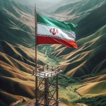 پرچم ایران که بر روی یک میله بلند چوبی در وسط یک دشت نصب شده است