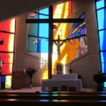 A serene, dimly lit church with cement walls, immaculately clean and organized. The adjacent wall is made of rich, dark wood, adorned with a large stained glass window that filters in subtle, kaleidoscopic colors. A prominent crack in the wall takes the shape of a large cross, allowing a beam of soft, golden light to pour in. Suspended from the high, vaulted ceiling is an elegant, ornate chandelier, its crystals refracting the faint light. The air is tranquil, with hints of old wood and candle w
